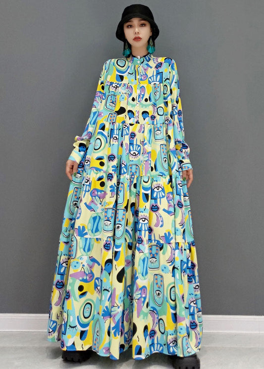 Blue Print Patchwork Cotton a Line Long Dress Stand Collar Long Sleeve
