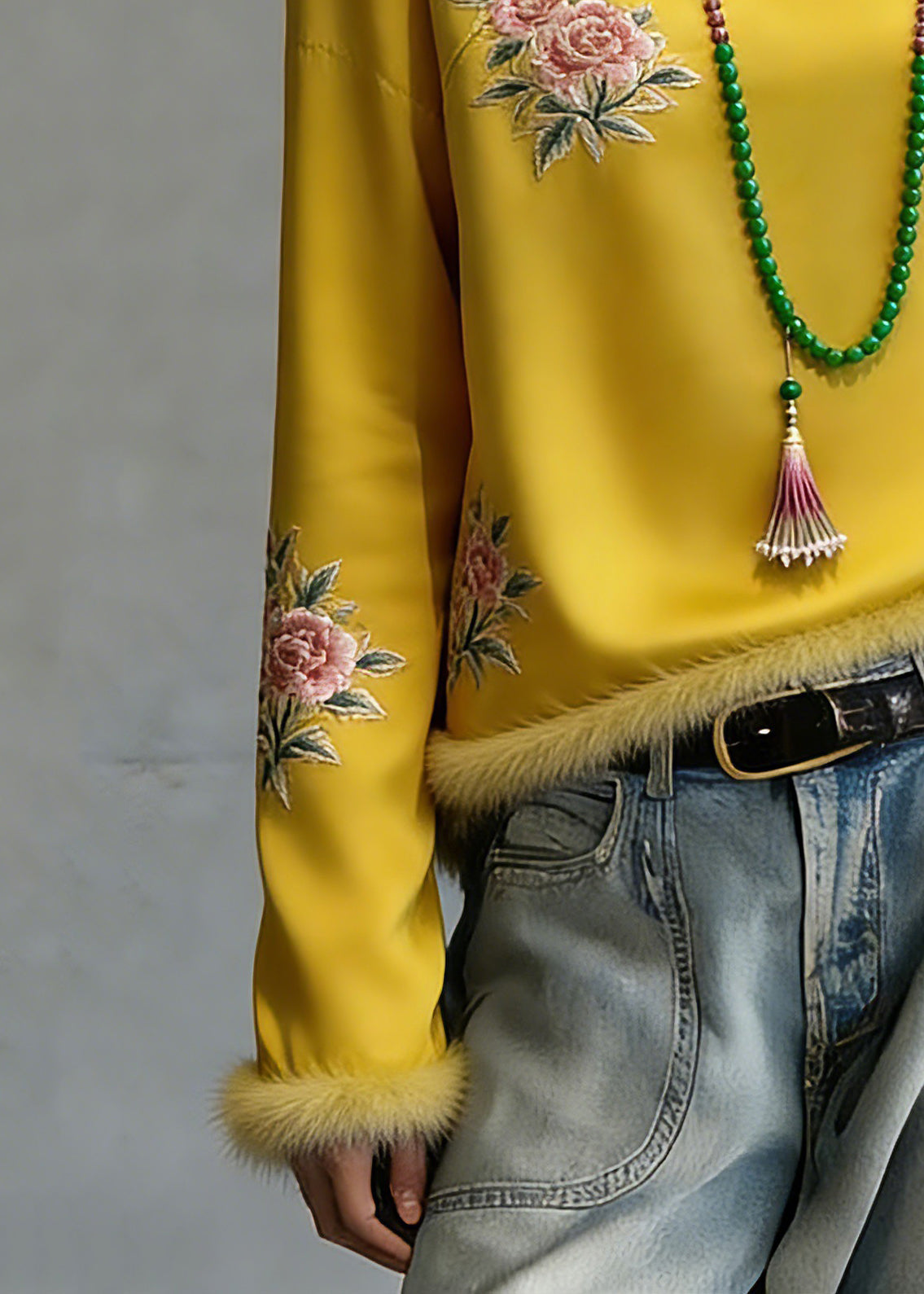 Novelty Yellow Embroidered Patchwork Silk Cotton Tops Spring