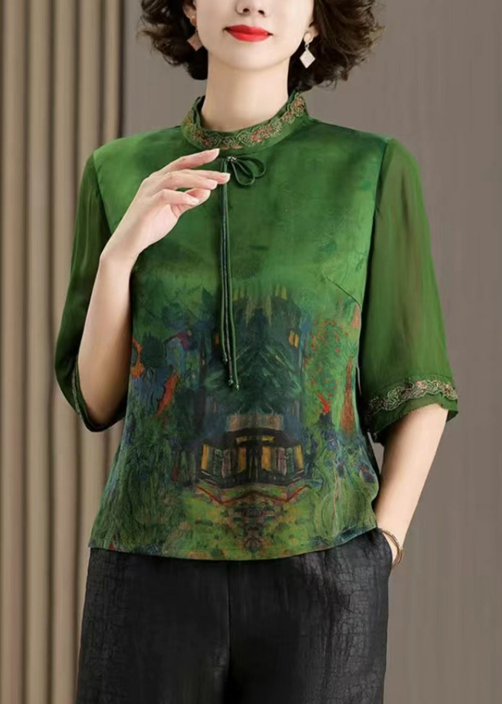 Green Tasseled Print Patchwork Silk Tops Half Sleeve