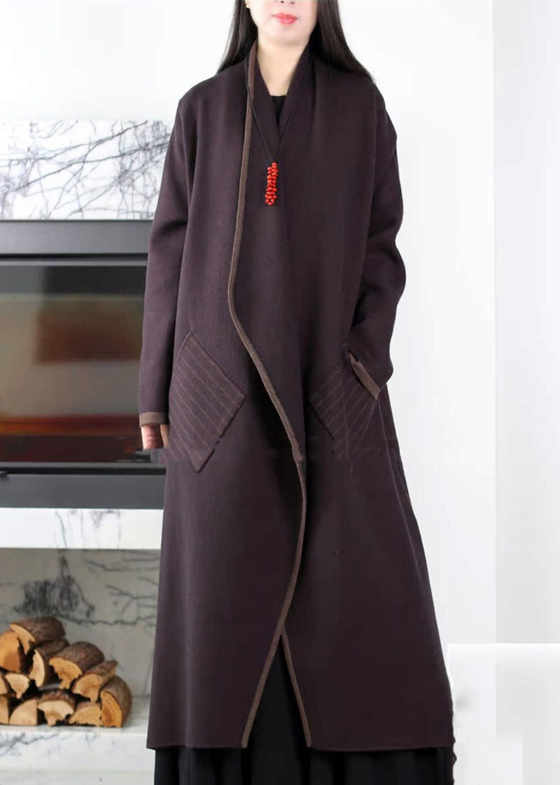 Fine Purple Oversized Patchwork Pockets Knit Trench Coats Winter