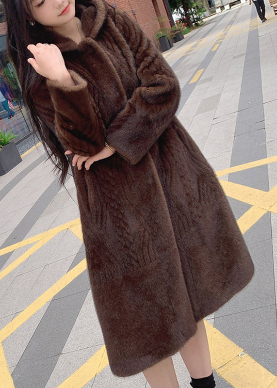 Modern Beige Patchwork Button Leather and Fur Maxi Hoodie Coat Winter
