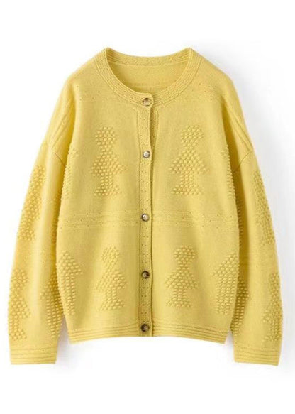 Loose Yellow Button Hollow Out Patchwork Cotton Knit Coats Long Sleeve