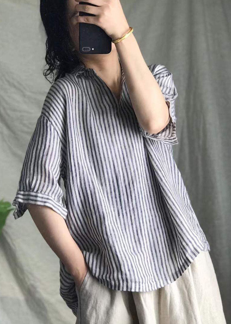 Grey V Neck Striped Linen Top Short Sleeve