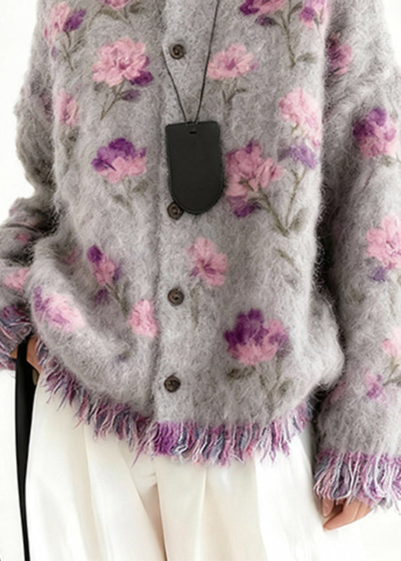 New Purple Print Button Tassel Cotton Knit Cardigans Spring