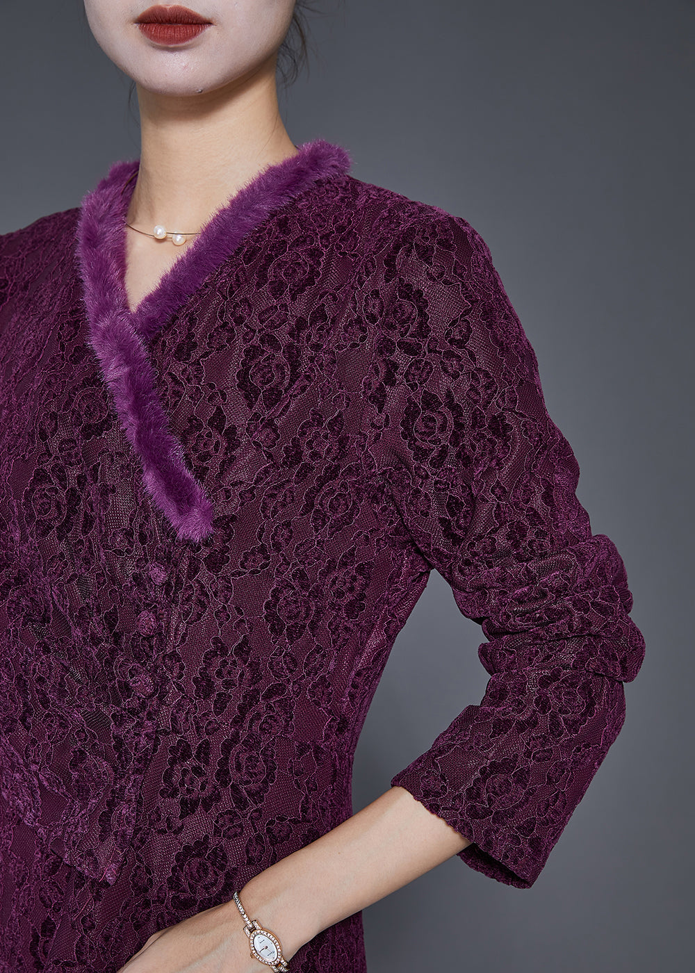 Dull Purple Jacquard Slim Fit Warm Fleece Dresses Winter