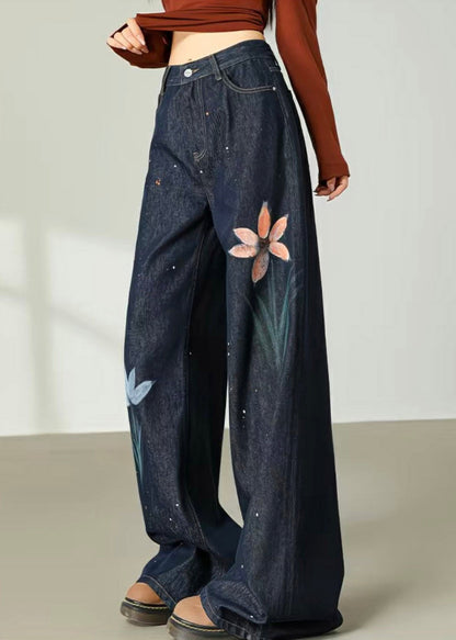 Handmade Dark Blue Pockets Print Wide Leg Jeans Summer