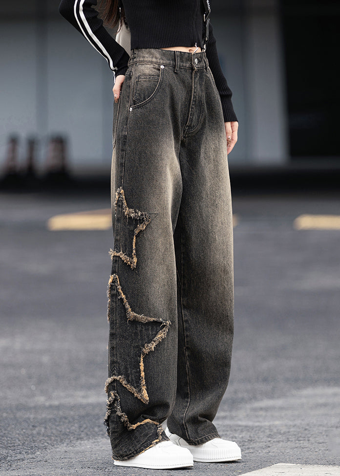 Black Grey Pockets Patchwork Denim Pants Fall