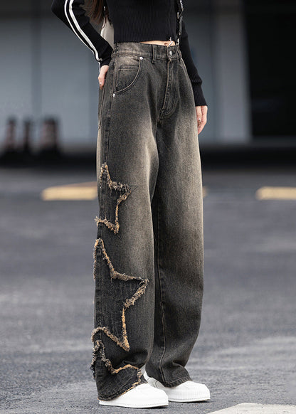 Black Grey Pockets Patchwork Denim Pants Fall
