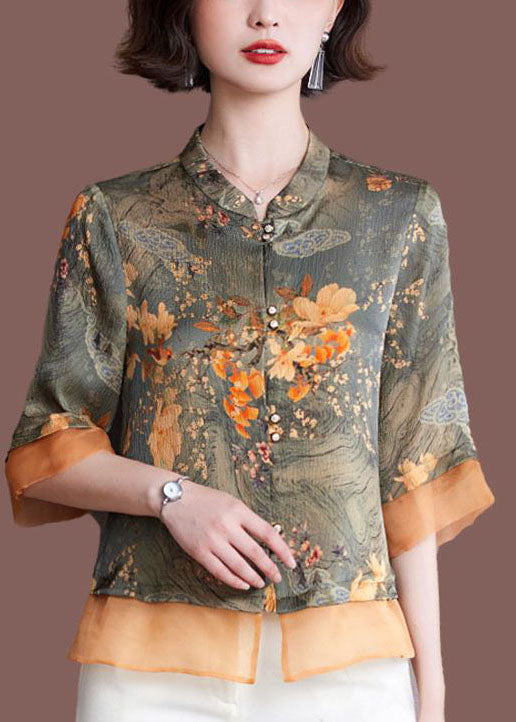Green Stand Collar Tulle Patchwork Print Silk Shirt Tops Half Sleeve