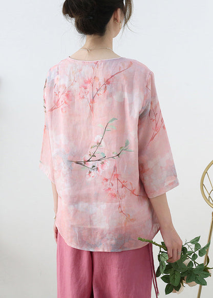 Pink V Neck Print Linen Shirt Top Half Sleeve