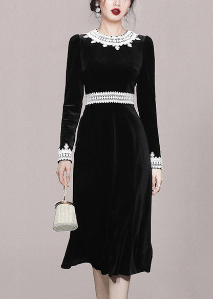 Slim Fit Black O-neck Lace Patchwork Velour Dress Fall