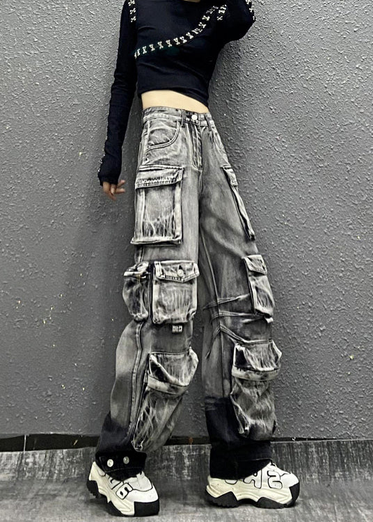 Gray Black Multi Pocket Denim Pants Autumn