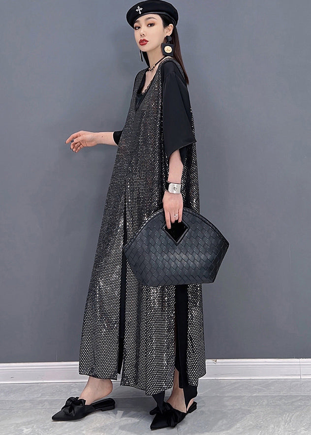 Unique Black V Neck Side Open Chiffon Long Dress and Sequins Long Smock Two Pieces Set Summer