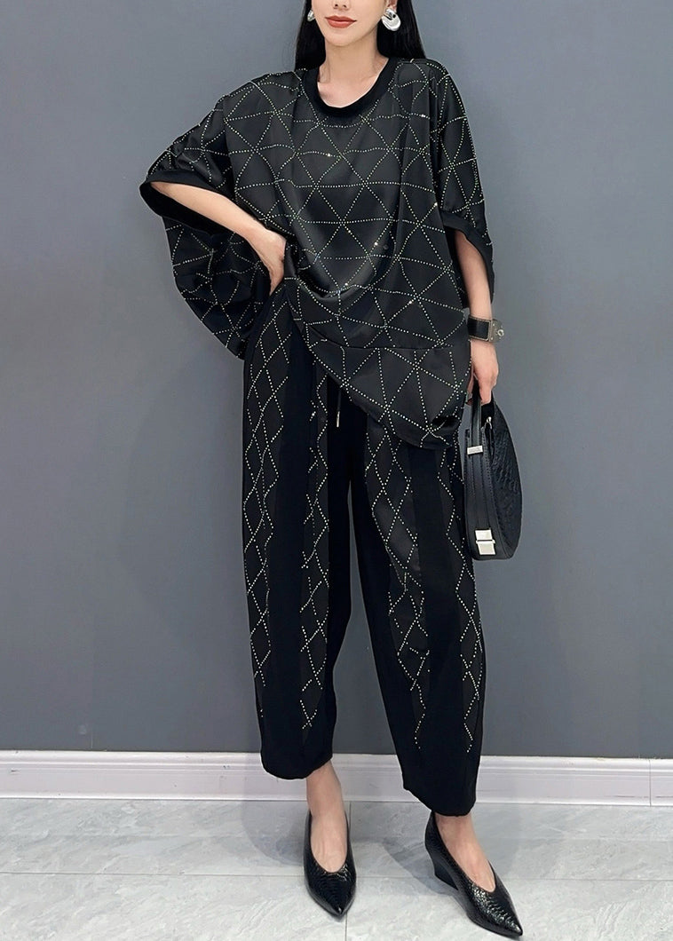 Boutique Black O-neck Plaid Zircon T Shirts and Harem Pants Two Piece Set Short Sleeve