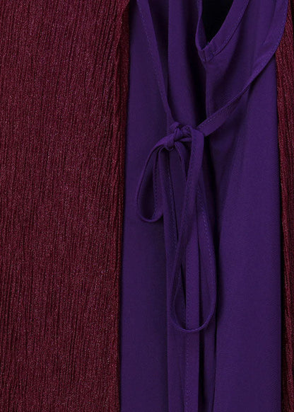Purple Patchwork O-neck Silk Fake Two Piece Long Dresses Sleeveless