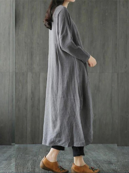 Gray Cotton Linen Dress O Neck Asymmetric Maxi Spring Dresses