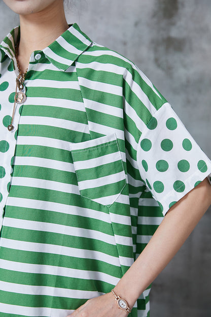 Green Asymmetrical Patchwork Print Cotton Two Pieces Set Summer
