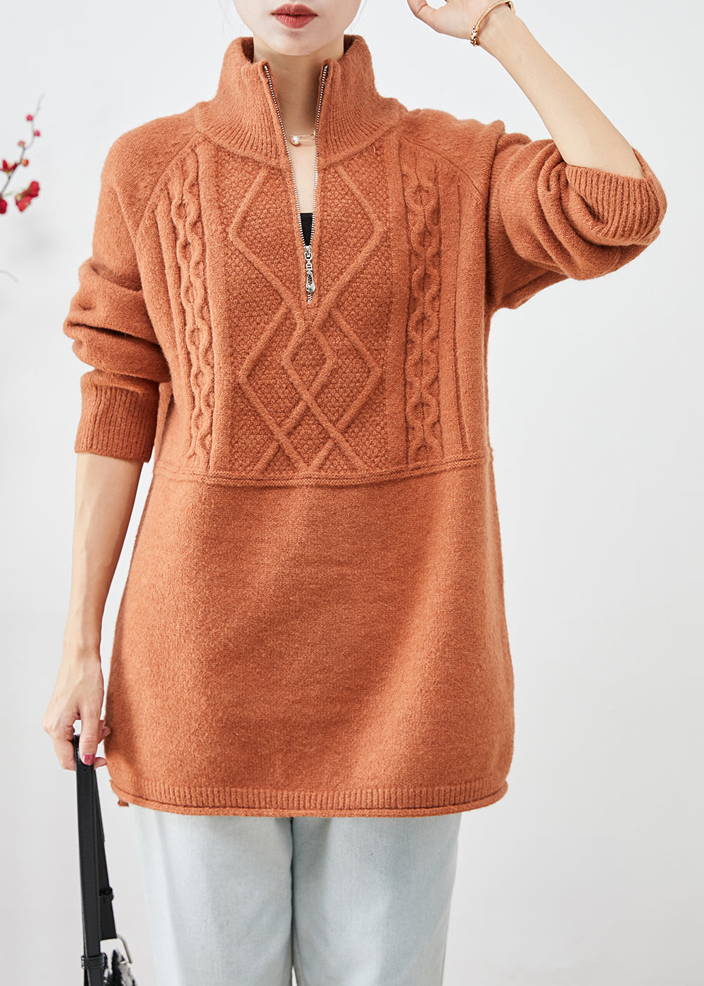 Orange High Neck Zip Up Thick Knit Sweater Tops Winter