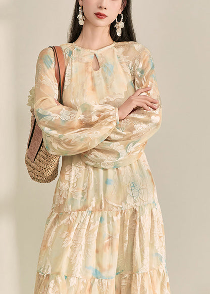 Yellow O-neck Print Long Dresses Lantern Sleeve
