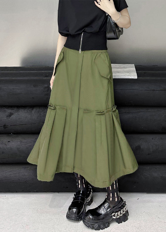 New Army Green Pockets High Waist Patchwork Cotton a Line Skirts Fall