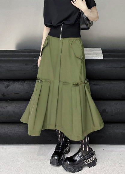 New Army Green Pockets High Waist Patchwork Cotton a Line Skirts Fall