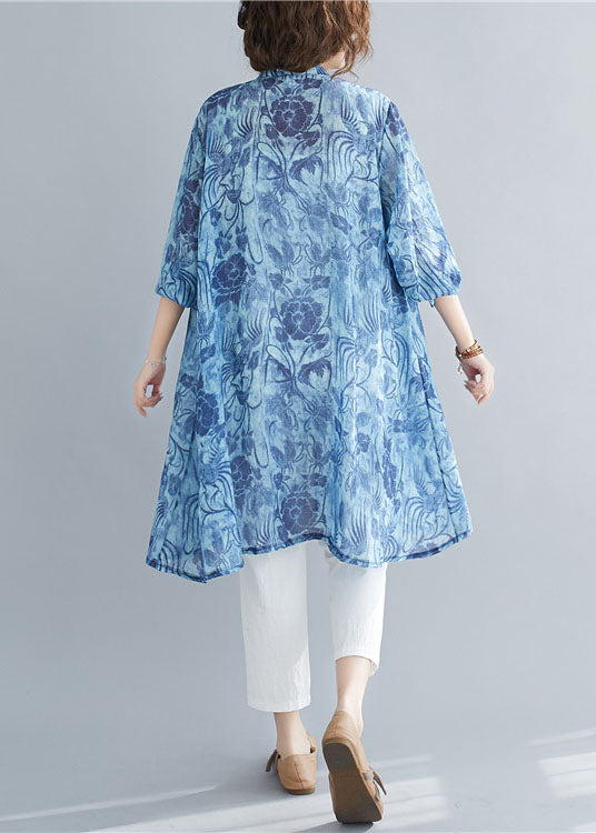 Blue Stand Collar Oversized Print Linen Long Shirt Spring
