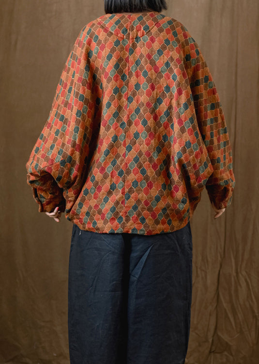 Handmade Orange V Neck Print Pockets Fine Cotton Filled Jacket Batwing Sleeve