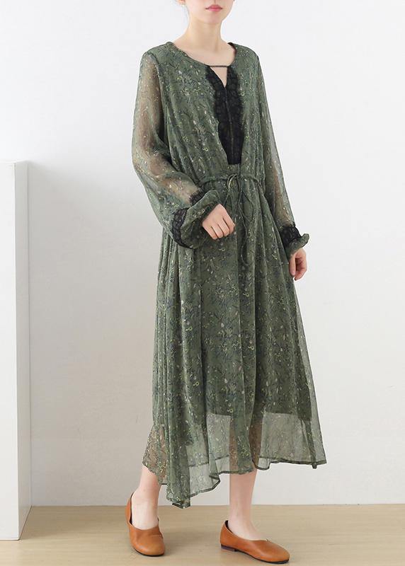 French Green Print Chiffon Patchwork Summer Vacation Dresses