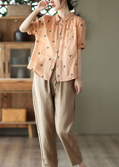 Orange Peter Pan Collar Linen Shirt Top Short Sleeve