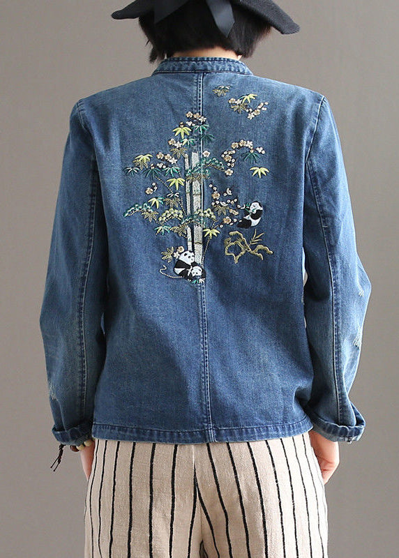 Blue Stand Collar Patchwork Button Pockets Cotton Denim Coat Long Sleeve