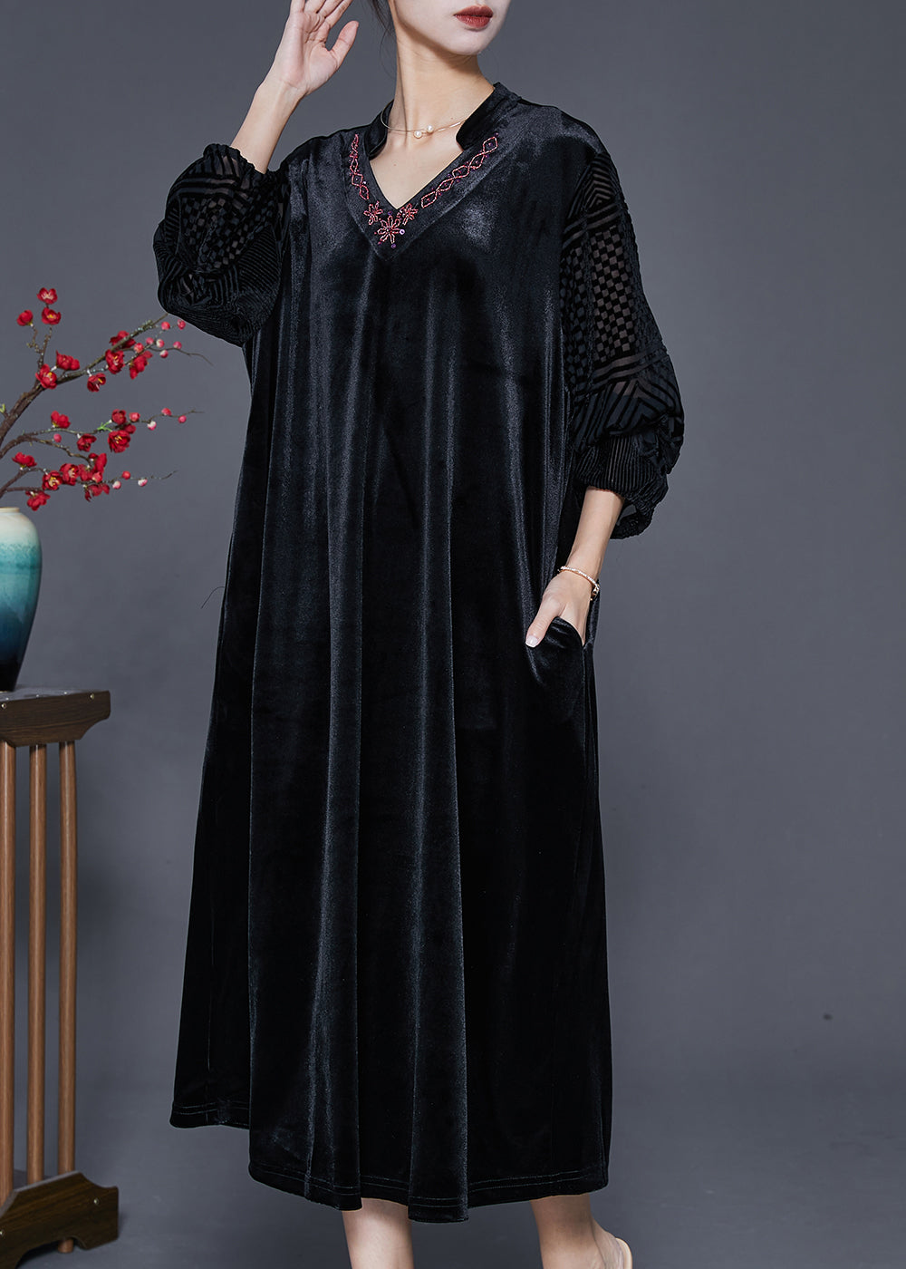 Black Loose Silk Velour Dress V Neck Embroideried Fall