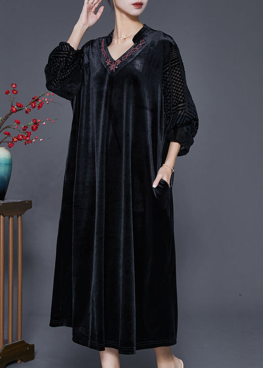Black Loose Silk Velour Dress V Neck Embroideried Fall