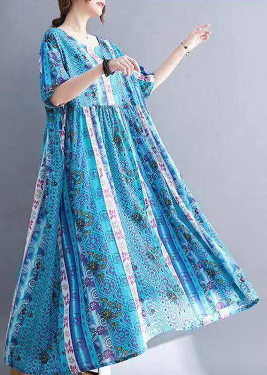 Loose Blue O-neck Print Patchwork Long Dresses Short Sleeve