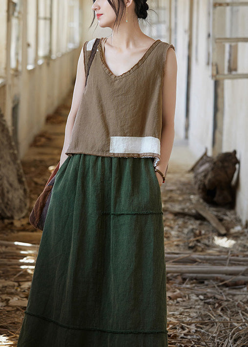 White V Neck Patchwork Linen Shirt Top Sleeveless