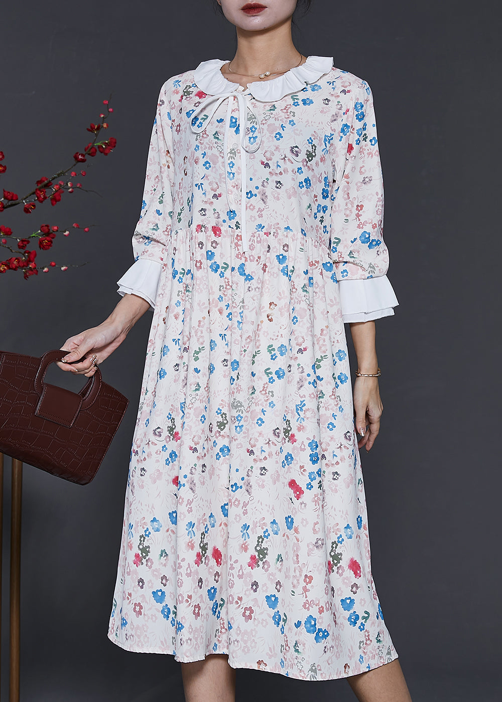 Apricot Peter Pan Collar Print Cotton Dresses Spring