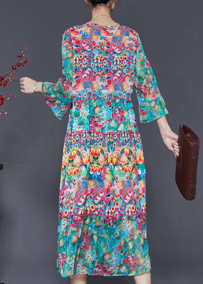 Green V Neck Print Silk Holiday Dress Summer