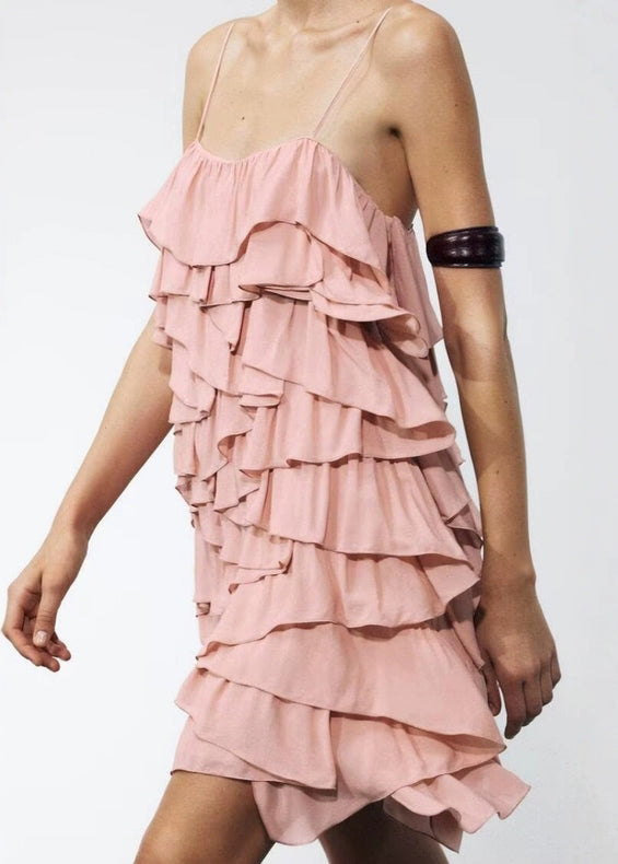 Pink Backless Layered Cotton Spaghetti Strap Dress Sleeveless