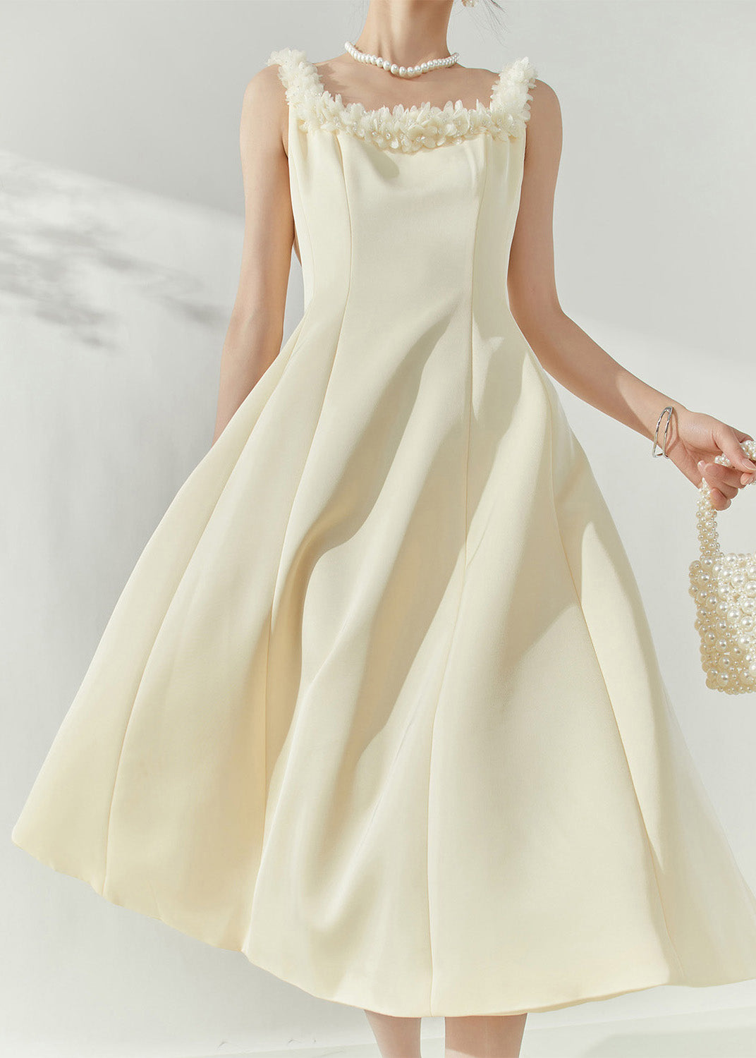 French Beige Square Collar Maxi Dresses Sleeveless