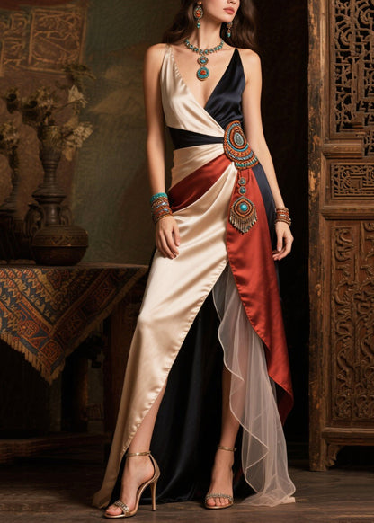 Asymmetrical Patchwork Side Open Silk Dinner Dress Summer