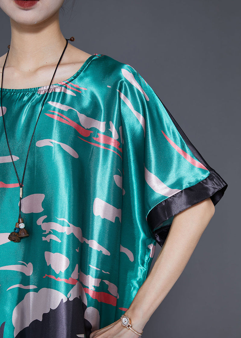 Diy Peacock Green Oversized Print Silk Dress Summer