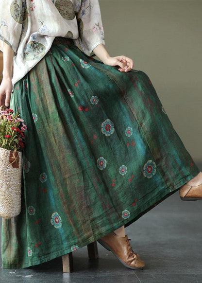 Green Print Ramie Elastic Waist Skirt