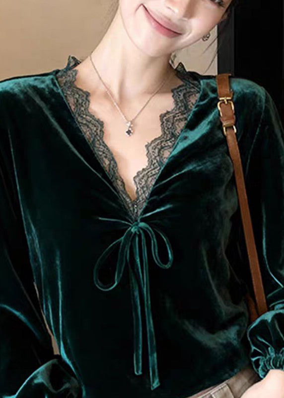 Peacock Green V Neck Lace Patchwork Silk Velvet Shirt Lantern Sleeve Spring