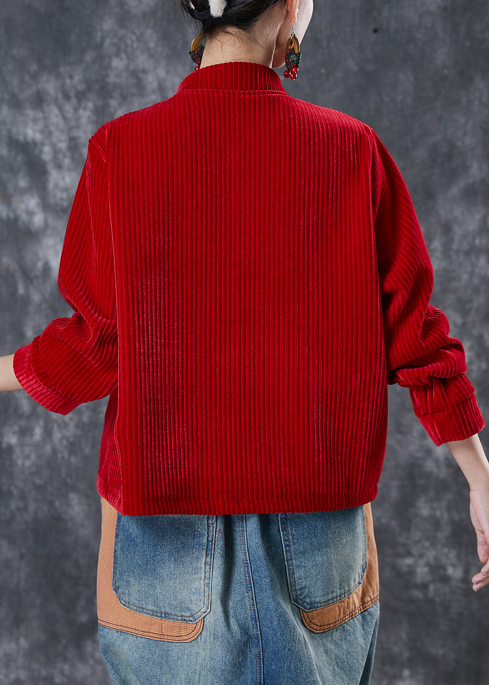 Red Embroideried Corduroy Jackets Spring