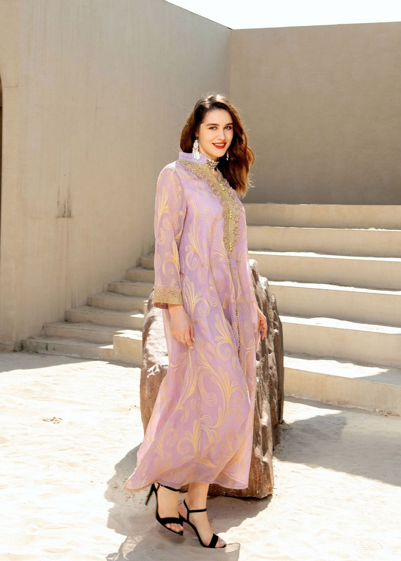 Light Purple Stand Collar Embroideried Tulle Long Dress Fall