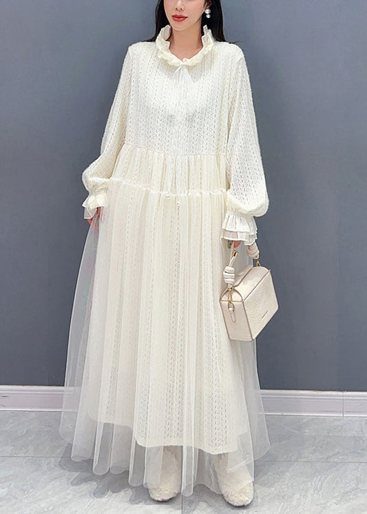 White Ruffled Tulle Lace Dresses Long Sleeve