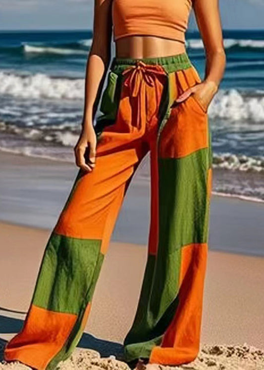 Colorblock Tie Waist Wide Leg Pants Summer