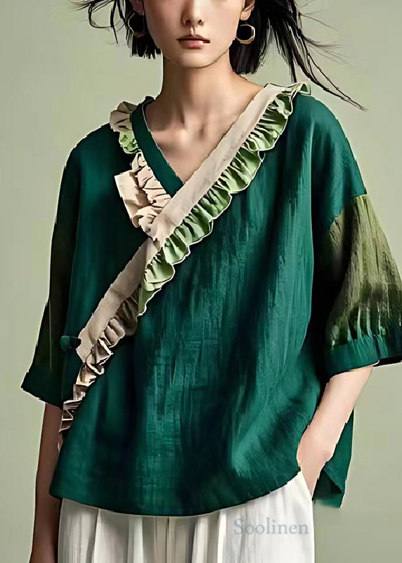 Blackish Green Ruffled Patchwork Linen Top Summer