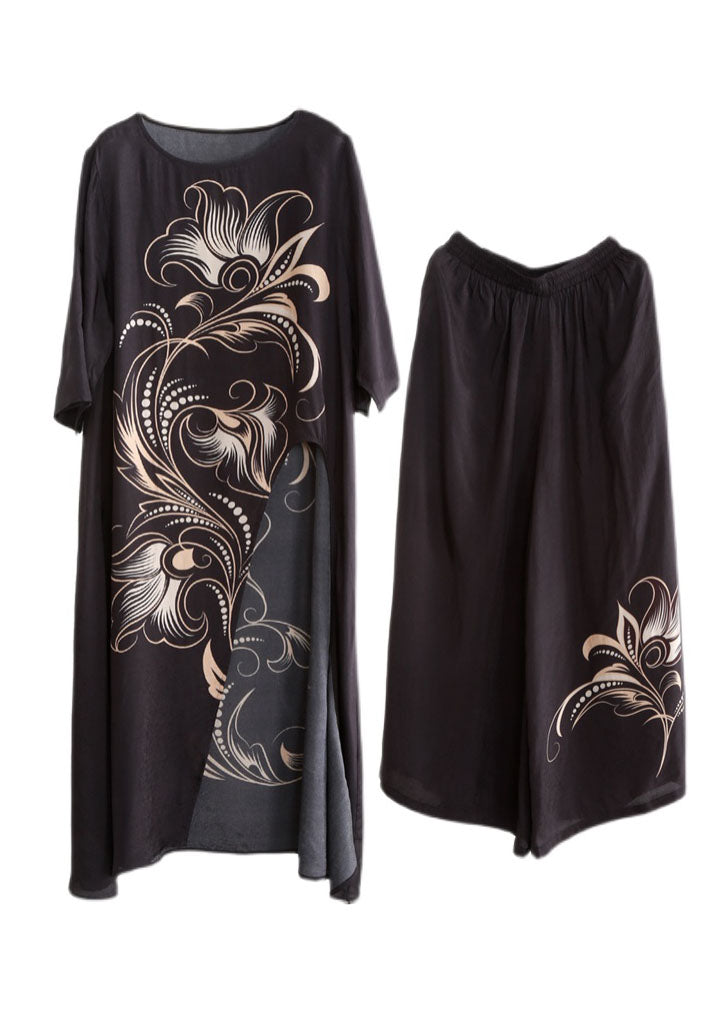 Black Asymmetrical Pockets Print Tops and Wide Leg Pants Two Pieces Set Spring