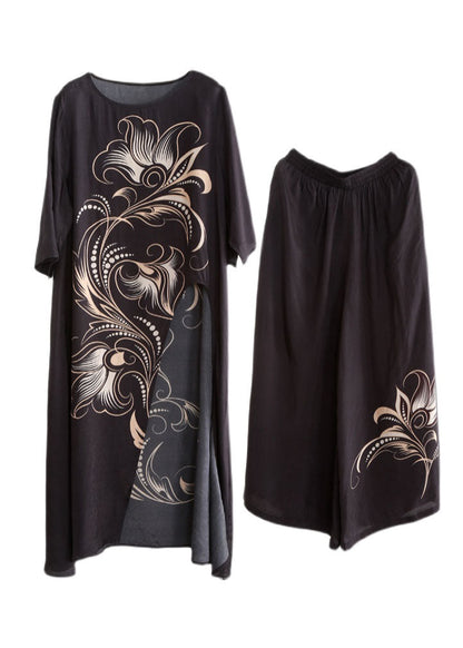Black Asymmetrical Pockets Print Tops and Wide Leg Pants Two Pieces Set Spring