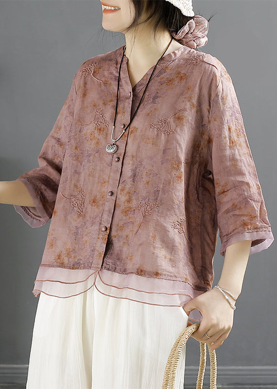Chinese Style Yellow V Neck Embroideried Linen Shirt Top Summer